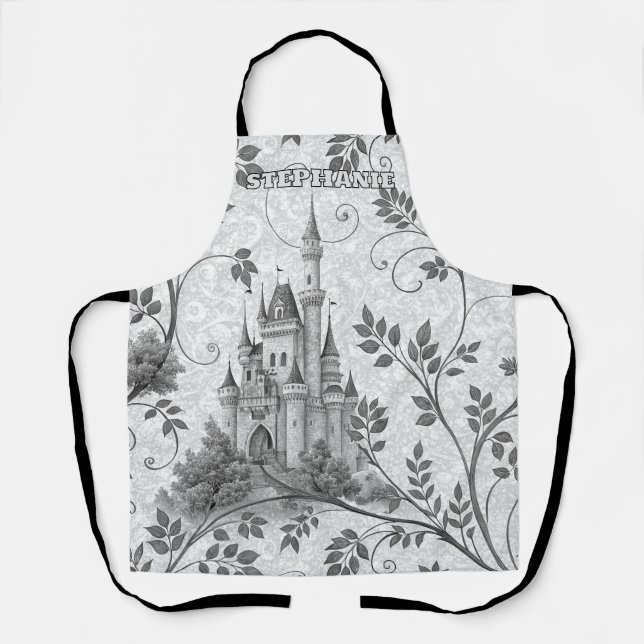 Grayscale Fairytale Castle with Ornate Vine Border Apron (Front)