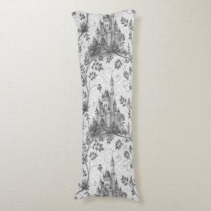 Grayscale Fairytale Castle with Ornate Vine Border Body Pillow