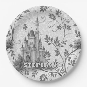 Grayscale Fairytale Castle with Ornate Vine Border Paper Plate