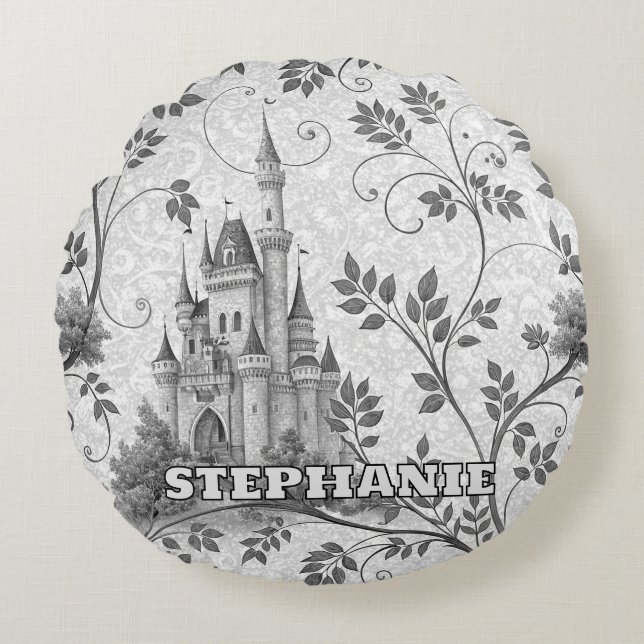 Grayscale Fairytale Castle with Ornate Vine Border Round Pillow (Front)