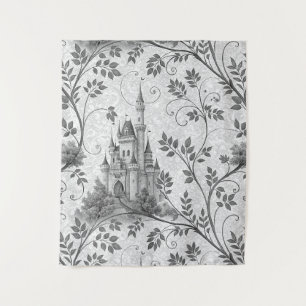 Grayscale Fairytale Castle with Ornate Vine Border Tapestry