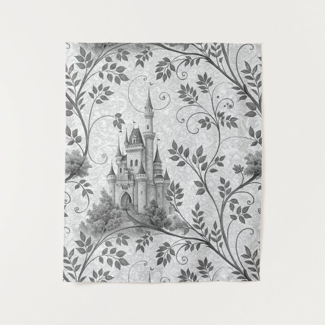 Grayscale Fairytale Castle with Ornate Vine Border Tapestry (Front)