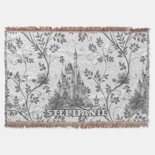 Grayscale Fairytale Castle with Ornate Vine Border Throw Blanket