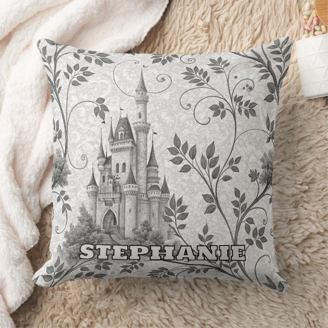 Grayscale Fairytale Castle with Ornate Vine Border Throw Pillow (Blanket)