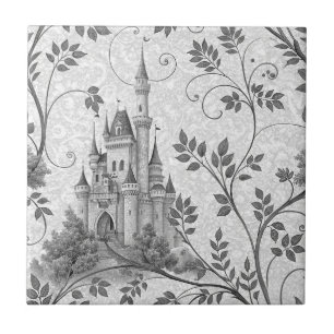 Grayscale Fairytale Castle with Ornate Vine Border Tile