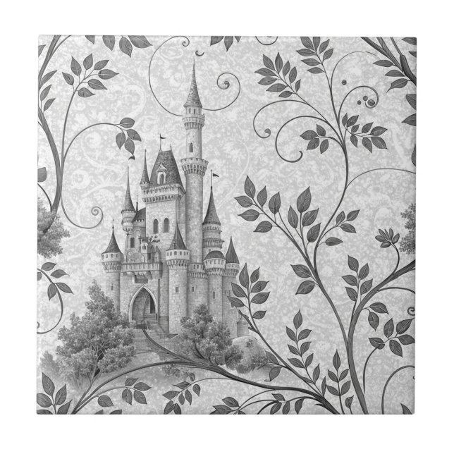 Grayscale Fairytale Castle with Ornate Vine Border Tile (Front)