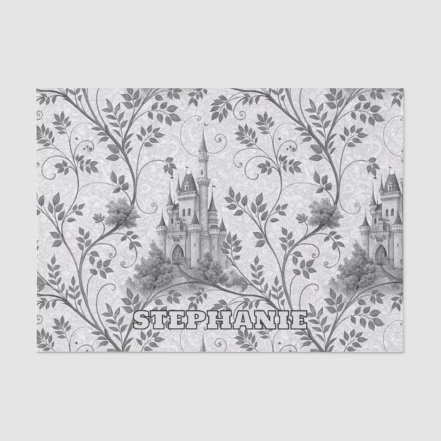 Grayscale Fairytale Castle with Ornate Vine Border Tissue Paper (Front)