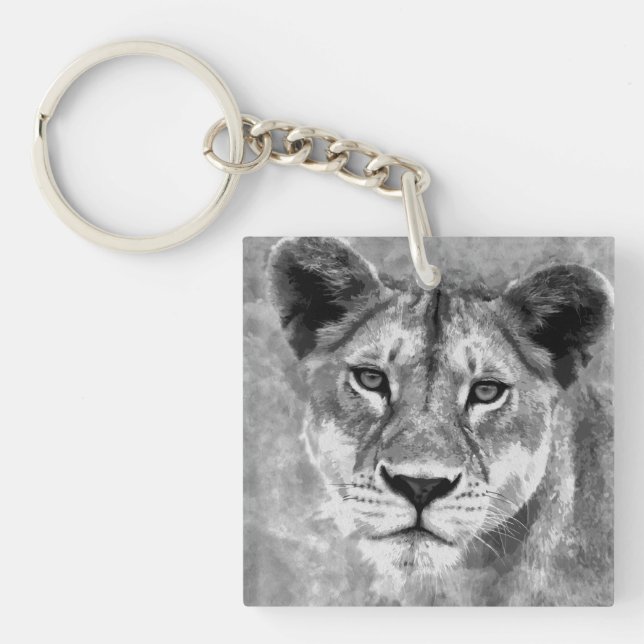 Grayscale Female Lion Digital Art Keychain (Front)