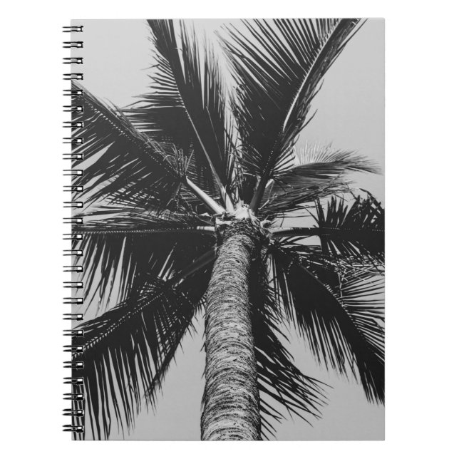 GRAYSCALE LOW ANGLE PHOTOGRAPHY OF COCONUT PALM TR NOTEBOOK (Front)