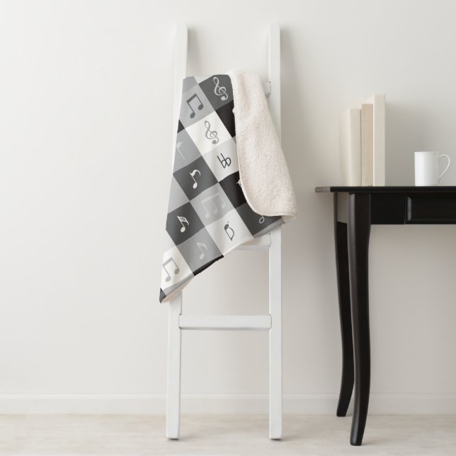 Grayscale music notes pattern sherpa blanket (In Situ)