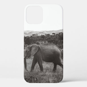 GRAYSCALE PHOTO OF GRAY ELEPHANT NEAR TREES iPhone 12 CASE