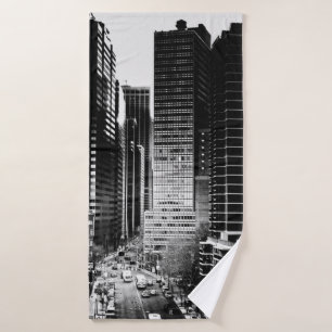GRAYSCALE PHOTO OF HIGH-RISE BUILDINGS BATH TOWEL