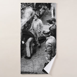 GRAYSCALE PHOTO OF MEN STANDING BESIDE 60163 TRAIN BATH TOWEL