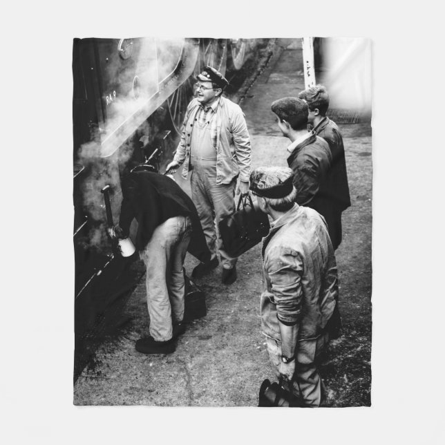 GRAYSCALE PHOTO OF MEN STANDING BESIDE 60163 TRAIN FLEECE BLANKET (Front)