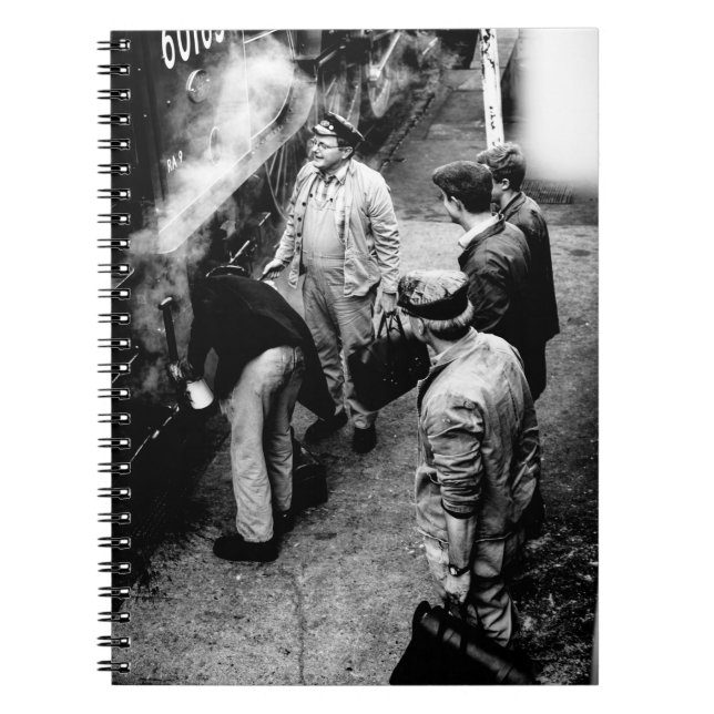 GRAYSCALE PHOTO OF MEN STANDING BESIDE 60163 TRAIN NOTEBOOK (Front)