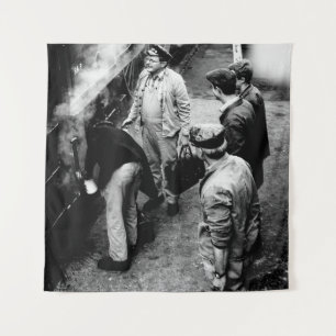 GRAYSCALE PHOTO OF MEN STANDING BESIDE 60163 TRAIN TAPESTRY