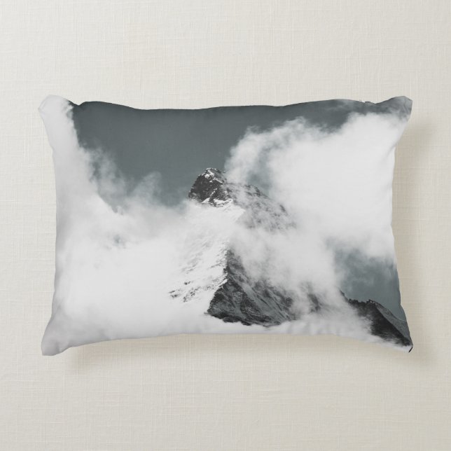 GRAYSCALE PHOTO OF MOUNTAIN COVERED IN CLOUDS ACCENT PILLOW (Front)