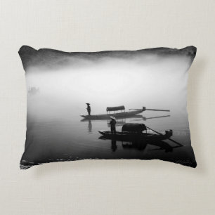 GRAYSCALE PHOTO OF TWO ROW BOATS ACCENT PILLOW