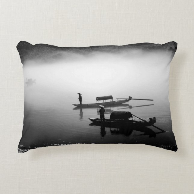 GRAYSCALE PHOTO OF TWO ROW BOATS ACCENT PILLOW (Front)