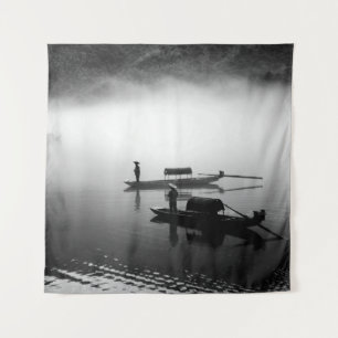 GRAYSCALE PHOTO OF TWO ROW BOATS TAPESTRY