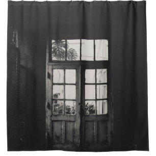 GRAYSCALE PHOTO OF WOODEN FRAMED CLEAR GLASS DOOR