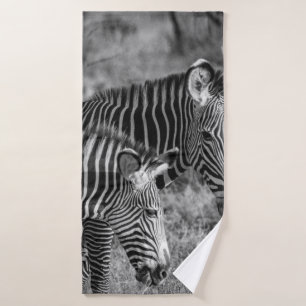 GRAYSCALE PHOTO OF ZEBRAS BATH TOWEL