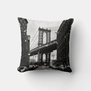 GRAYSCALE PHOTOGRAPHY OF BROOKLYN BRIDGE THROW PILLOW