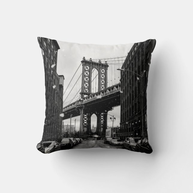 GRAYSCALE PHOTOGRAPHY OF BROOKLYN BRIDGE THROW PILLOW (Front)