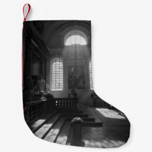 GRAYSCALE PHOTOGRAPHY OF EMPTY STAIR SMALL CHRISTMAS STOCKING