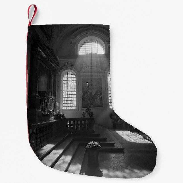 GRAYSCALE PHOTOGRAPHY OF EMPTY STAIR SMALL CHRISTMAS STOCKING (Front)