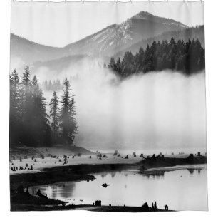 GRAYSCALE PHOTOGRAPHY OF LAKE NEAR PINE TREES