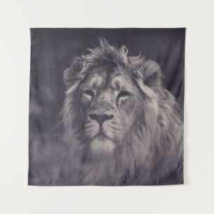 GRAYSCALE PHOTOGRAPHY OF LION TAPESTRY