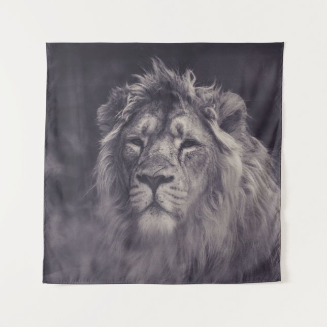 GRAYSCALE PHOTOGRAPHY OF LION TAPESTRY (Front)
