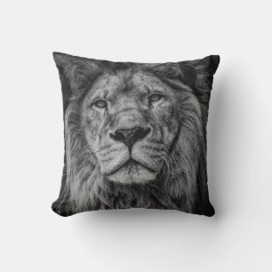 GRAYSCALE PHOTOGRAPHY OF LION THROW PILLOW
