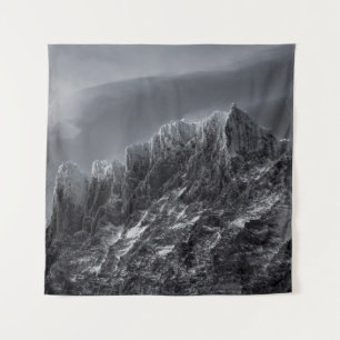 GRAYSCALE PHOTOGRAPHY OF MOUNTAIN TAPESTRY