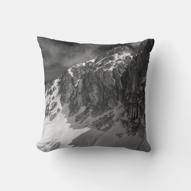 GRAYSCALE PHOTOGRAPHY OF MOUNTAIN THROW PILLOW (Front)