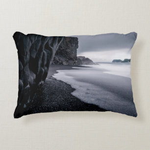GRAYSCALE PHOTOGRAPHY OF SEASHORE AND CALM SEA ACCENT PILLOW