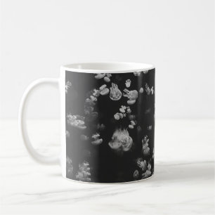 GRAYSCALE PHOTOGRAPHY OF SHOAL OF JELLYFISH COFFEE MUG