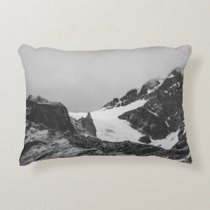 GRAYSCALE PHOTOGRAPHY OF SNOW COVER MOUNTAIN ACCENT PILLOW