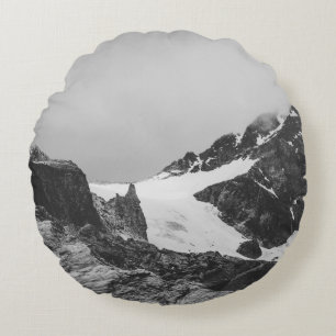 GRAYSCALE PHOTOGRAPHY OF SNOW COVER MOUNTAIN ROUND PILLOW
