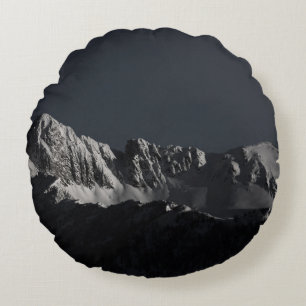 GRAYSCALE PHOTOGRAPHY OF SNOW MOUNTAIN ROUND PILLOW