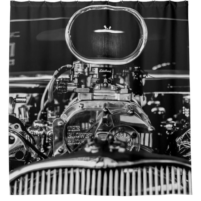 GRAYSCALE PHOTOGRAPHY OF VINTAGE CAR ENGINE (Front)