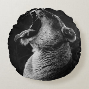 GRAYSCALE PHOTOGRAPHY OF YAWNING LIONESS ROUND PILLOW