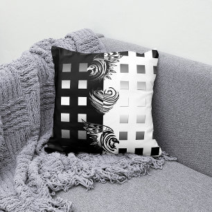 Grayscale Plaid Eagle Heart Throw Pillow