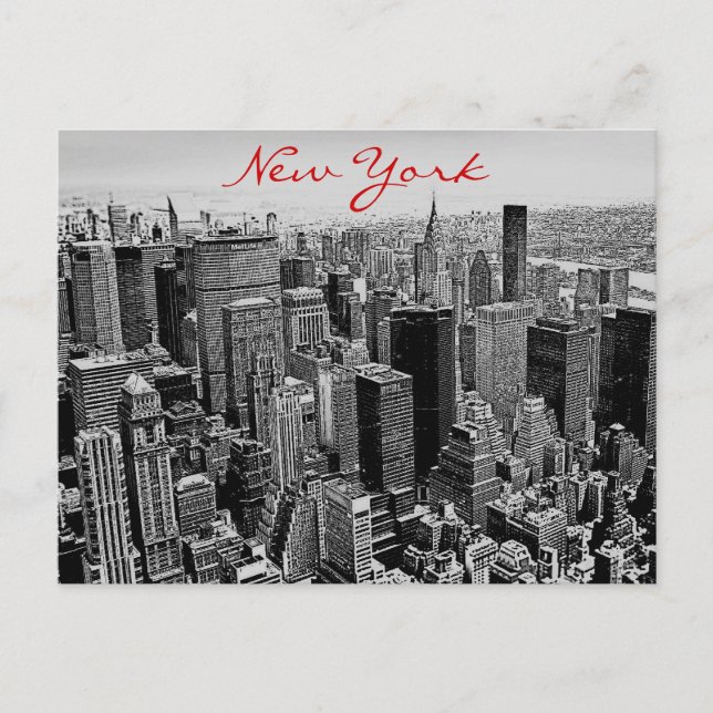 Grayscale Red Script New York City Night Post Card (Front)