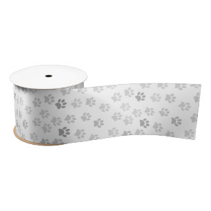 Grayscale Seamless Paw Prints Pattern Satin Ribbon