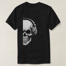 Grayscale Skull with Headphones Black T-Shirt