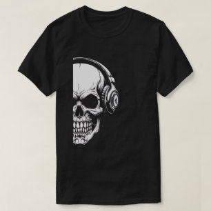 Grayscale Skull with Headphones Black T-Shirt