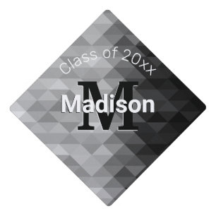 Grayscale triangle geometric squares Monogram Graduation Cap Topper