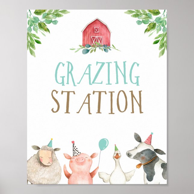 Grazing Station Farm Animals Barnyard Boy Birthday Poster (Front)